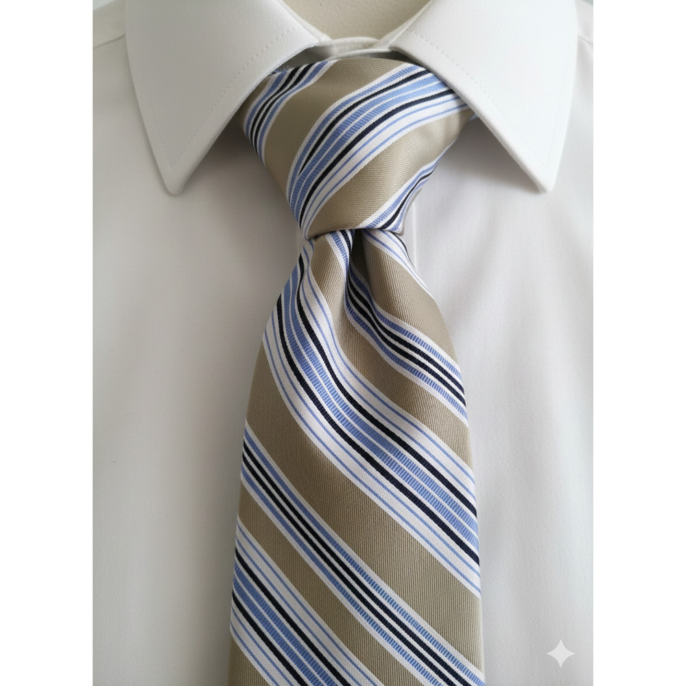 Chaps tan blue white diagonal stripe silk tie - 57.5"